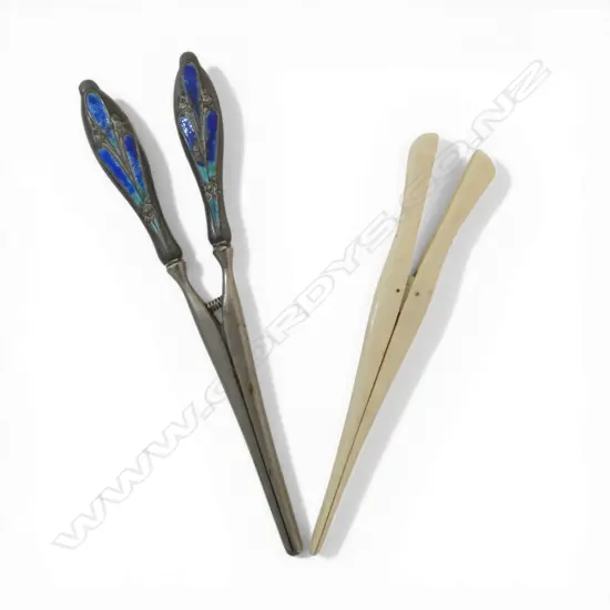 2 PAIRS VINTAGE GLOVE STRETCHERS: ivory + pr w silver & enamel handles some losses