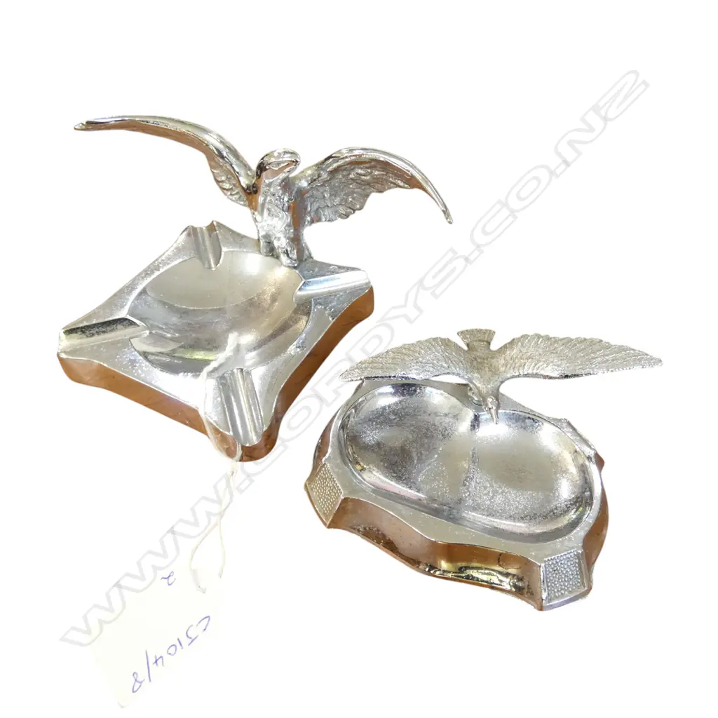 TWO ART DECO CHROME PLATED EAGLE ASHTRAYS, L.95MM Image 1++