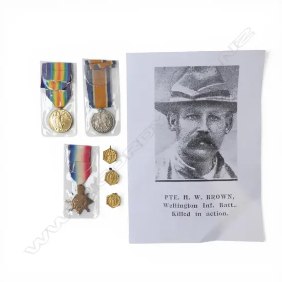 WWI MEDAL TRIO SET + 3 Faithful Unto Death tokens. To 10/1192 Pte. H.W. Brown Wgtn Inf. Batt. Killed in action Gallipoli