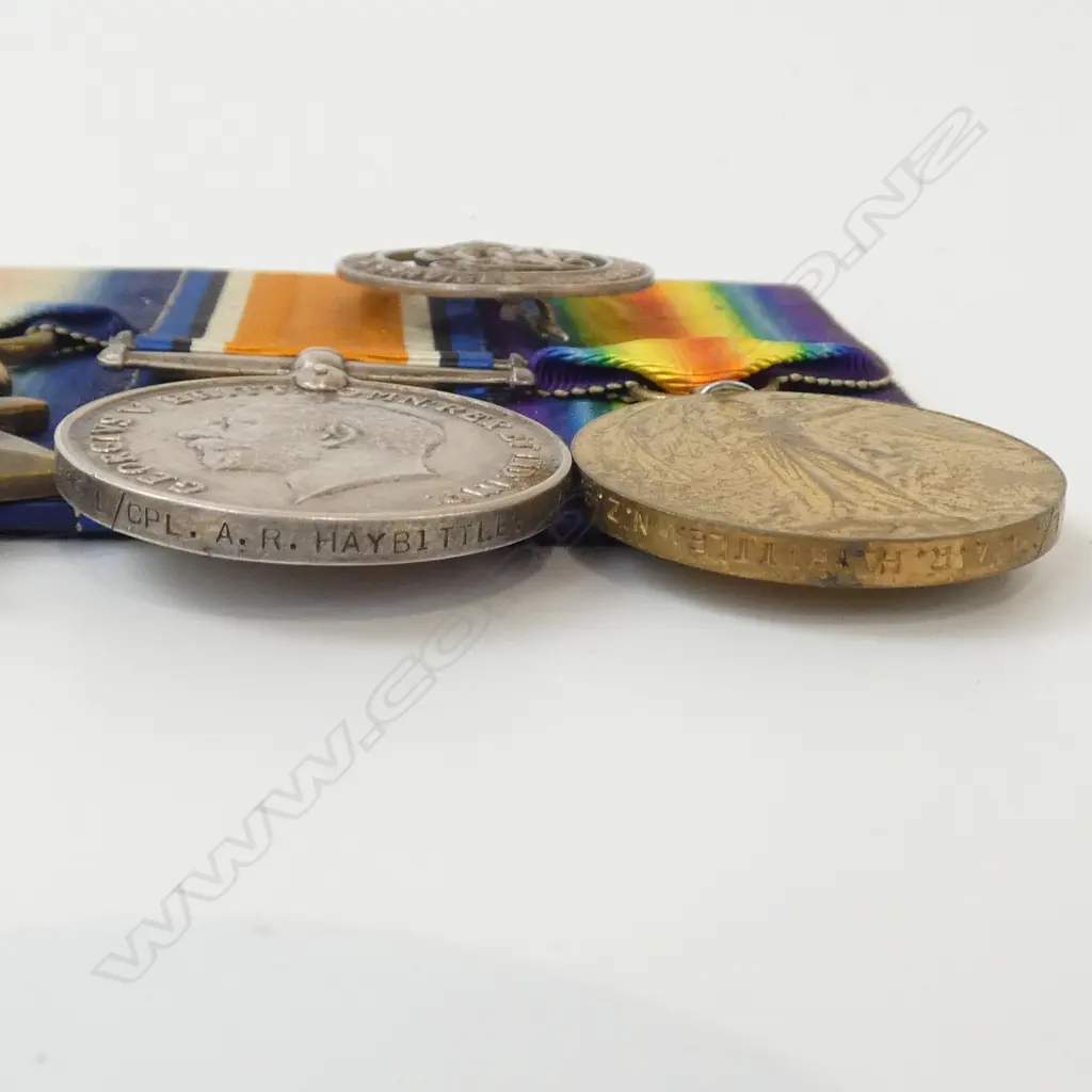 WWI MEDAL TRIO SET + wound badge to L. CP. A.R. HAYBITTLE 12/766 16th Waikato Co. Wounded & killed in action Gallipoli. Image 1++
