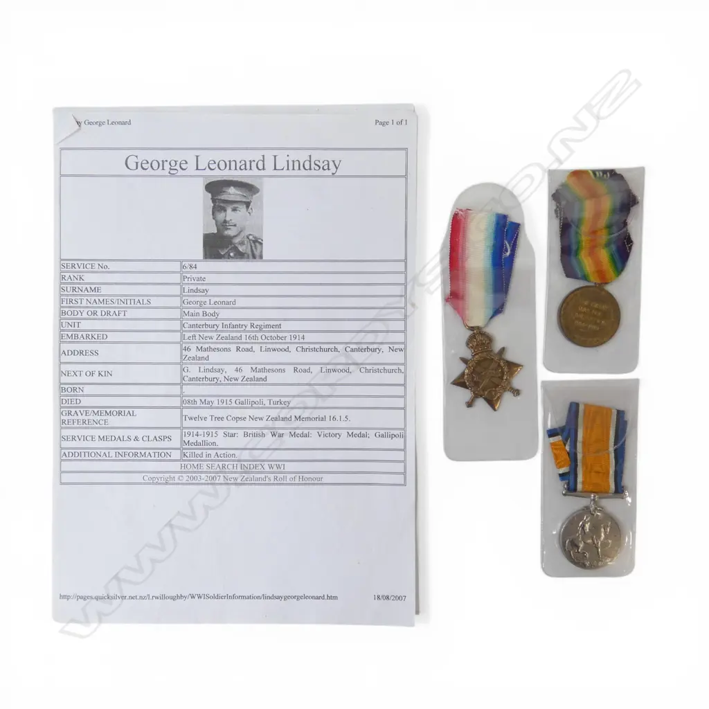WWI MEDAL TRIO SET  to 6/84 Private G.L. Lindsay Cant. Infantry Reg. Killed Gallipoli 8th May 1915 Image 1++