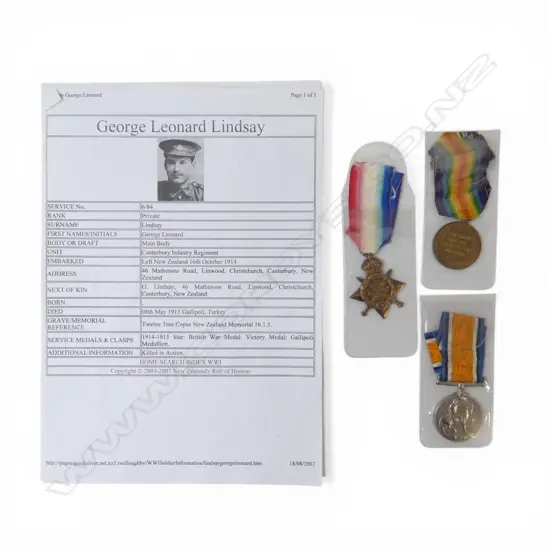 WWI MEDAL TRIO SET  to 6/84 Private G.L. Lindsay Cant. Infantry Reg. Killed Gallipoli 8th May 1915