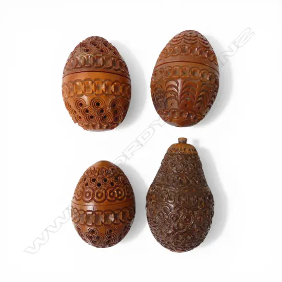 4 VINTAGE CARVED coquilla nut SEWING THREAD CASES screw opeing
