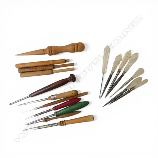ASST VINTAGE SEWING TOOLS: STILETTOS ETC mother of pearl + wood handles etc
