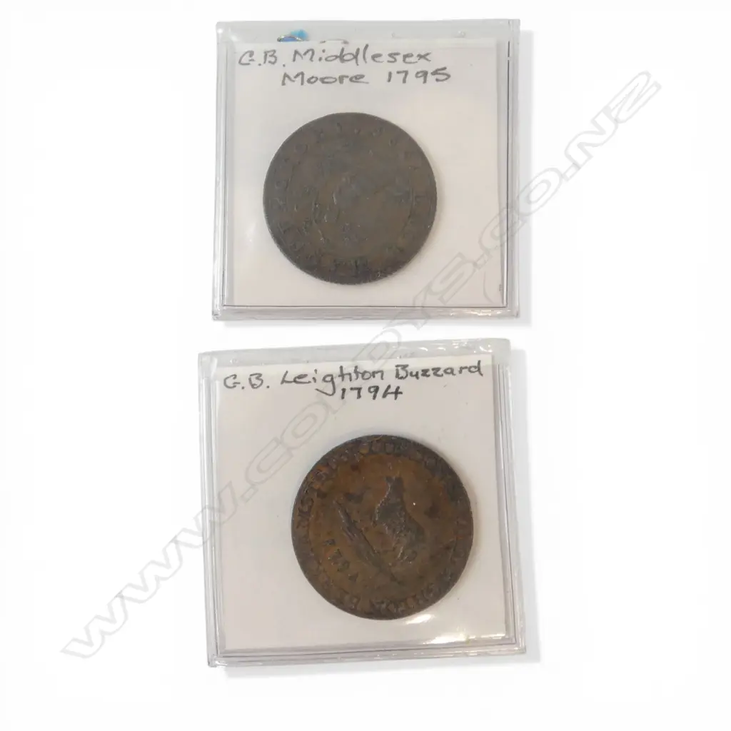 2 GB 1790's CONDOR TOKENS:  MIDDLESEX - MOORE 1795 + LEIGHTON BUZZARD 1794'S MUSLINS + Image 1++