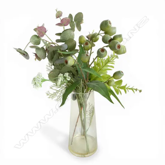 GLASS VASE WITH DECORATIVE FAKE FLOWERS 570mm (H)