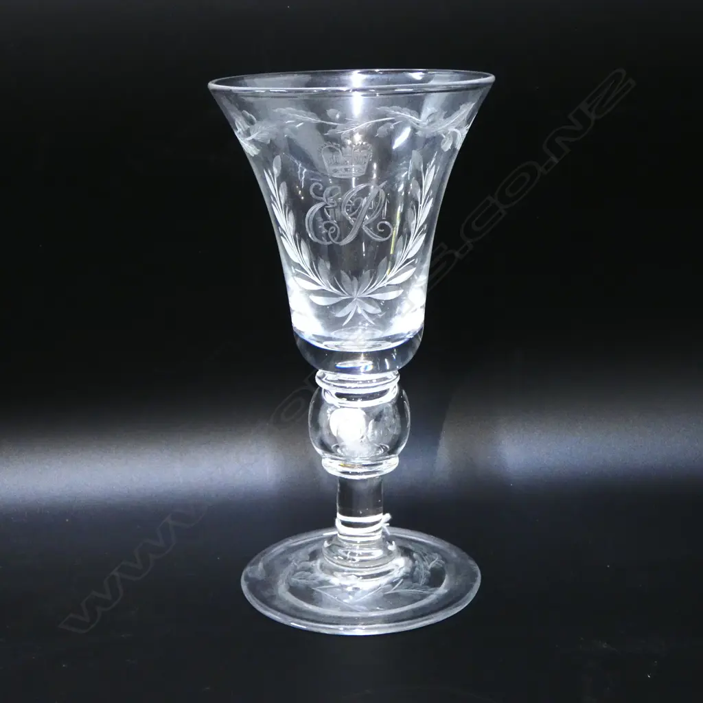 LGE 'ERII' ENGRAVED GLASS GOBLET w cypher and captured coin Image 1++