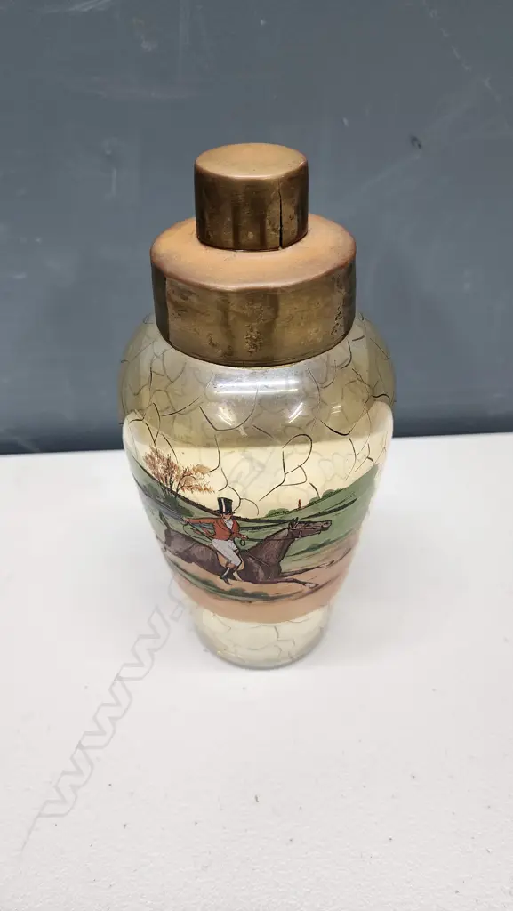 CZECH BOHEMIAN ART DECO COCKTAIL SHAKER W HAND-PAINTED HUNTING SCENE 200H mm Image 1++