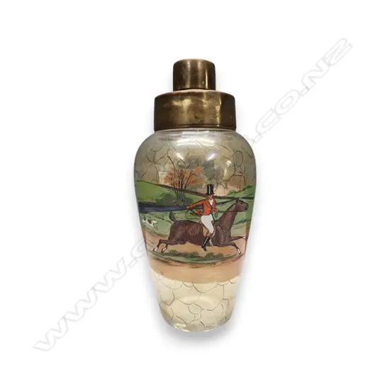 CZECH BOHEMIAN ART DECO COCKTAIL SHAKER W HAND-PAINTED HUNTING SCENE 200H mm
