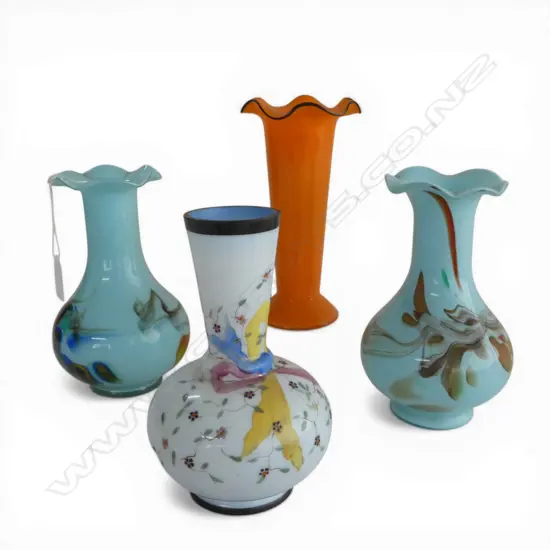 4 COLOURED GLASS VASES H.190MM APPROX