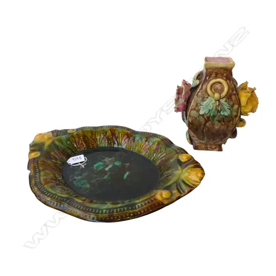 VICTORIAN MAJOLICA PLATE, L.370mm & MAJOLICA ROSE VASE, H.210mm, both w faults, vase unsgned possibly early NZ?