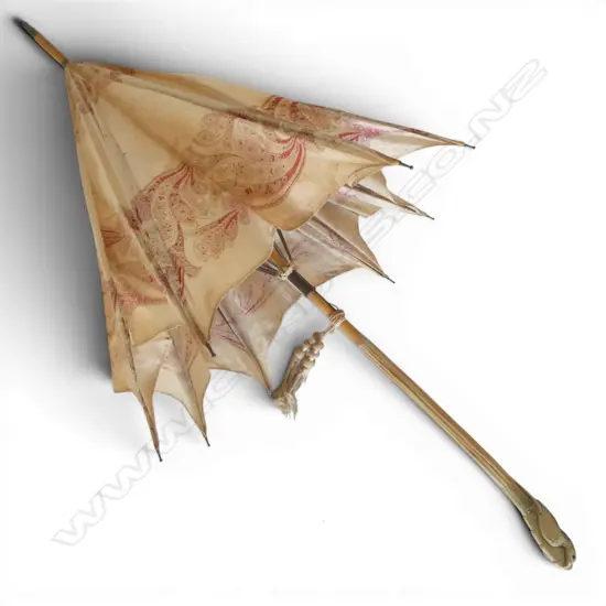 VINTAGE SILK PARASOL CARVED LYER BIRD HANDLE L910MM