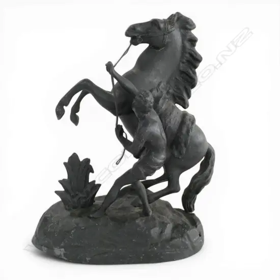 VICTORIAN EBONISED SPELTER 'HORSE OF MARLY'. H.390mm
