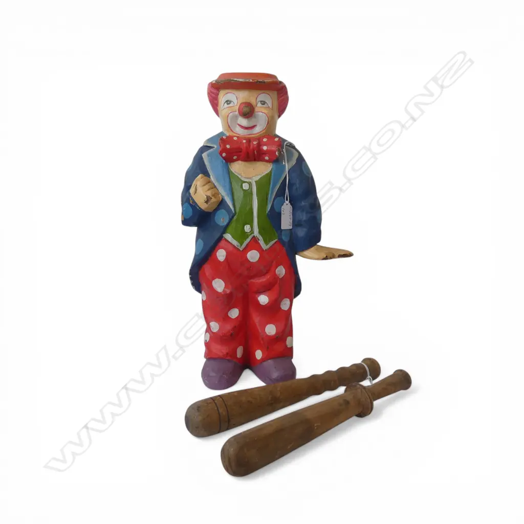 VINTAGE Papier-mâché CLOWN H.430mm+ 2 BATONS or JUGGLING STICKS Image 1++