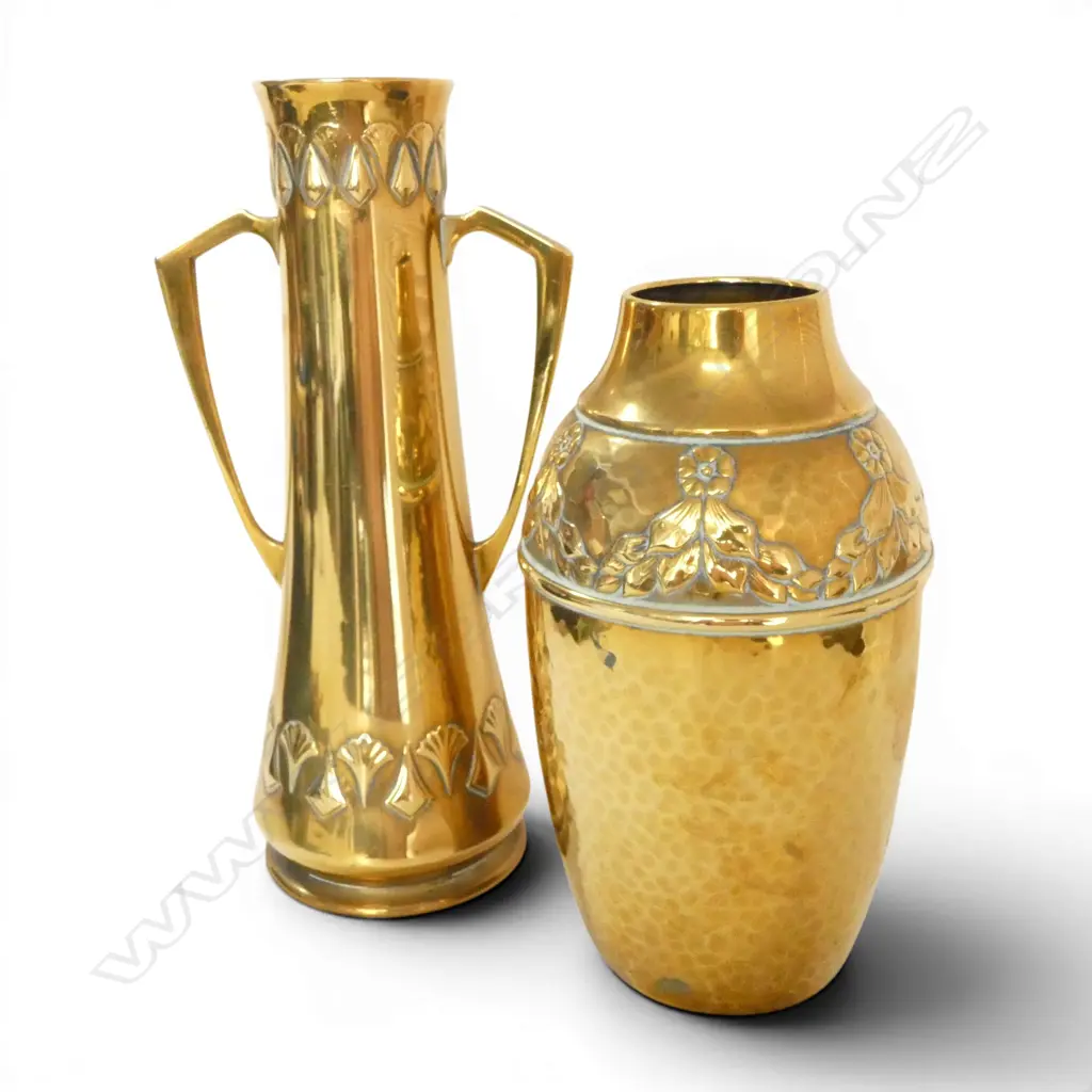 2 ARTS & CRAFTS BRASS VASES. Tallest H.300mm Image 1++