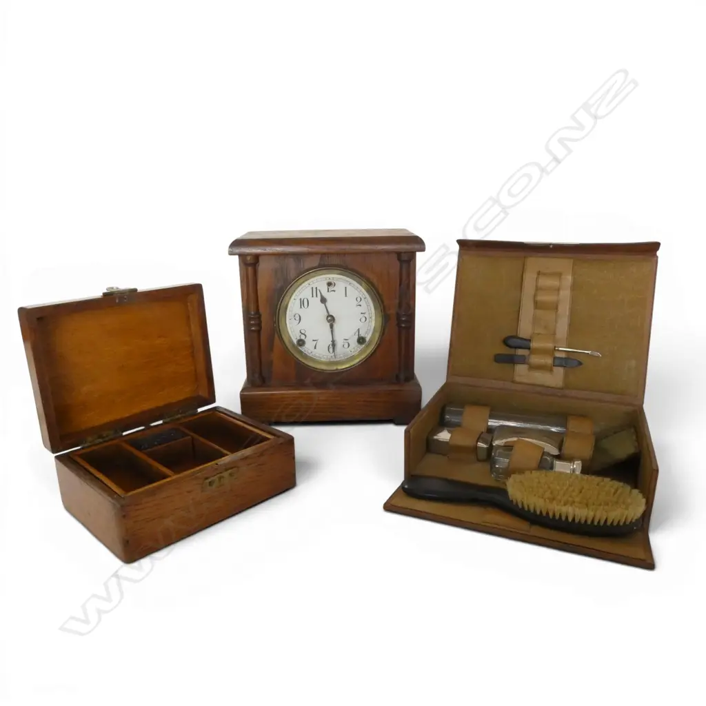 OLD CLOCK + LEATHER CASED TRAVELLING VANITY SET + OAK BOX Image 1++