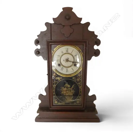 c1900 Ansonia or similar mantle clock w pendulum + key. H.550mm