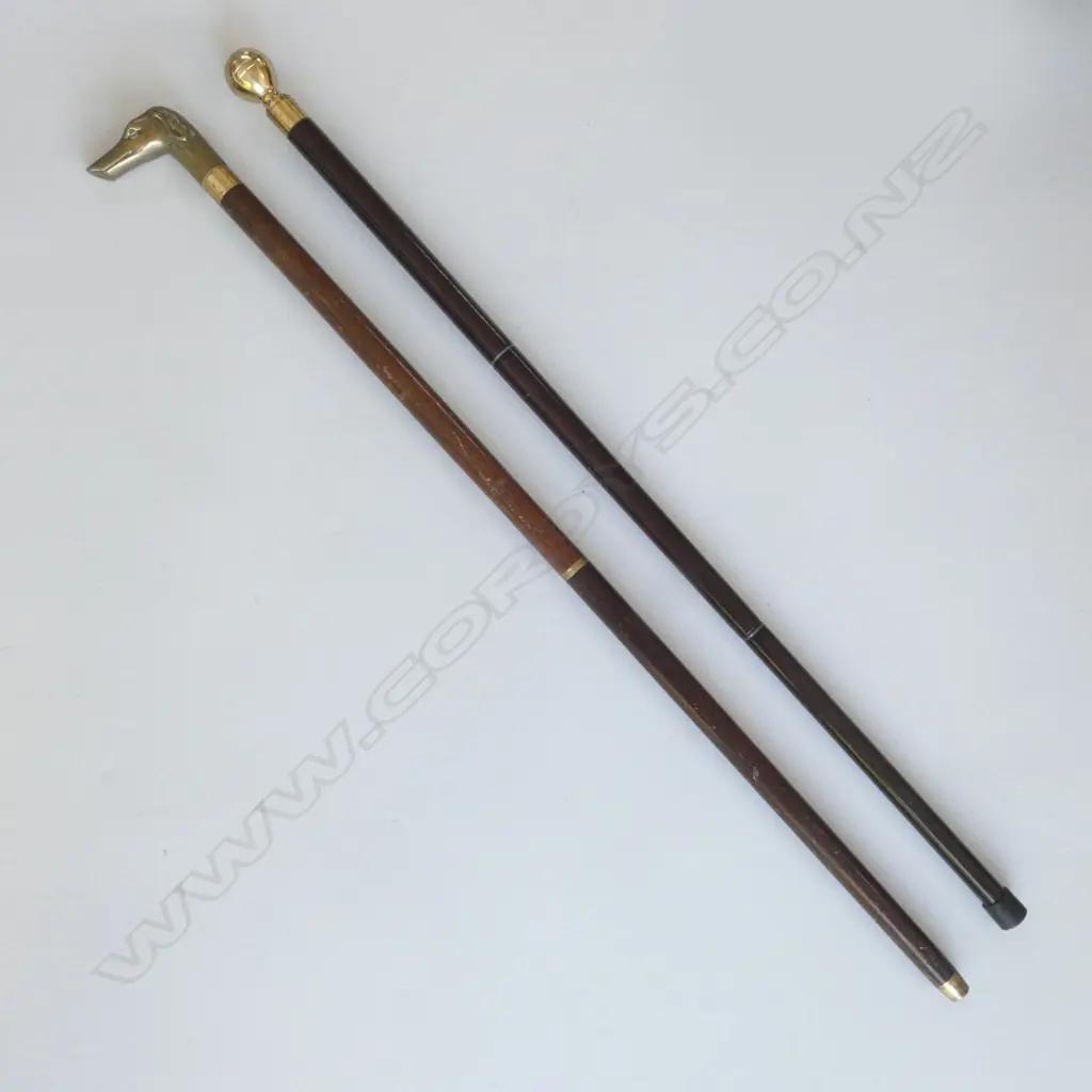 BRASS DOG HEAD HANDLED WALKING STICK & ANOTHER WITH BRASS KNOB L880MM Image 1++
