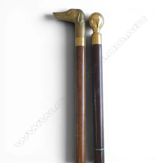 BRASS DOG HEAD HANDLED WALKING STICK & ANOTHER WITH BRASS KNOB L880MM