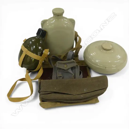2 CERAMIC BED WARMER HOT WATER CONTAINERS H.250mm + 4 MILITARY ITEMS