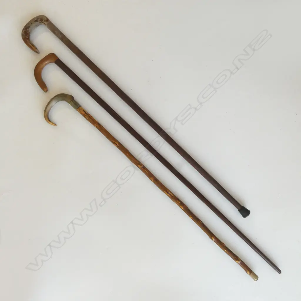 3 VINTAGE WALKINGSTICKS 1WITH HORN HANDLE L780MM Image 1++