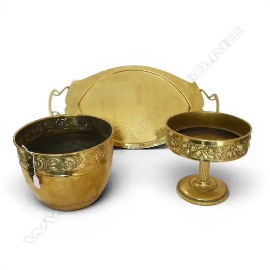 3 BRASS ITEMS: JARDINIERE + TAZZA + LONG TRAY