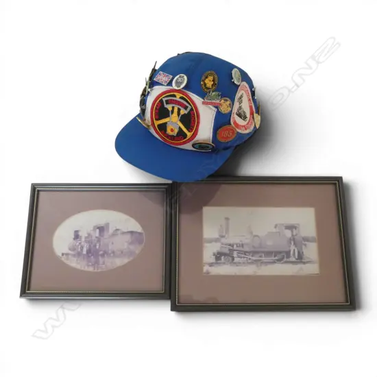 STEAM ENGINE SOCIETY AUCKAND CAP WITH ASST. BADGES PLUS TWO PHOTOS OF STEAM TRAINS (ONE DATED 1919)