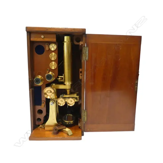 ANTIQUE CASED BRASS MICROSCOPE H430MM
