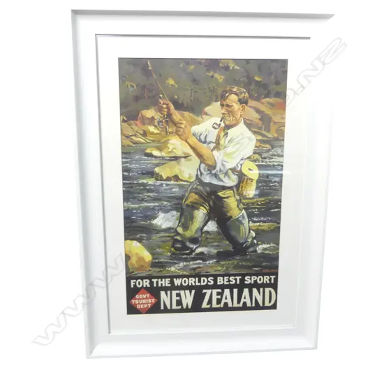 NZ FLY FISHING FRAMED TRAVEL POSTER, 520 X 330MM