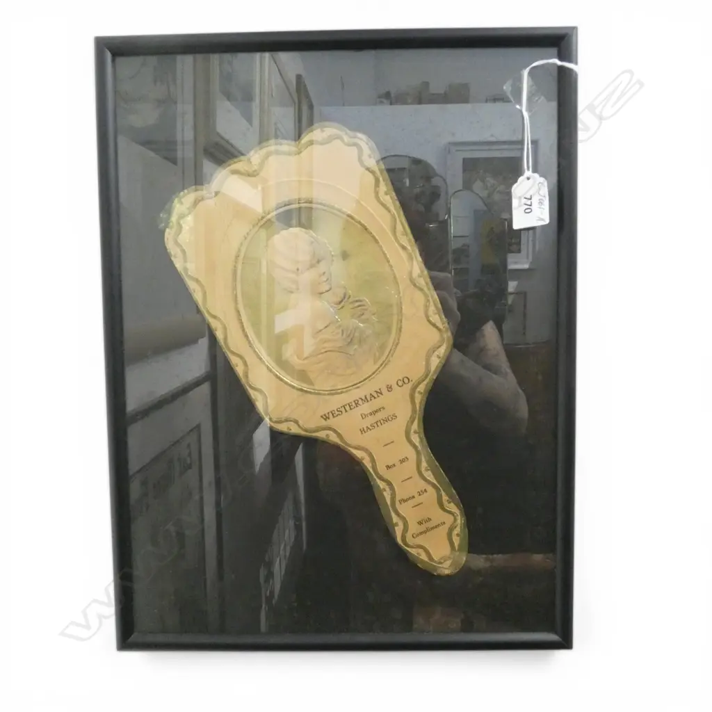 EARLY 20thC 'Westerman & Co. Drapers Hastings' complimentary card fan w lady image. Framed under glass. 420 x 320mm Image 1++
