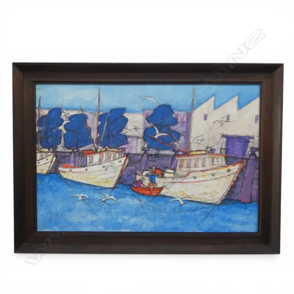 FISHING BOATS AT PORT, ACRYLIC ON BOARD, SIGNED VIKKI 495x750mm Image 1++