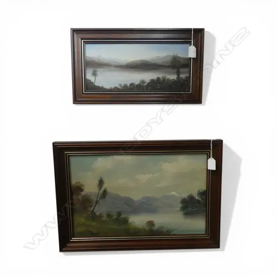 2 COLONIAL LAKE SCENE OIL PAINTINGS. Largest 270 x 430mm