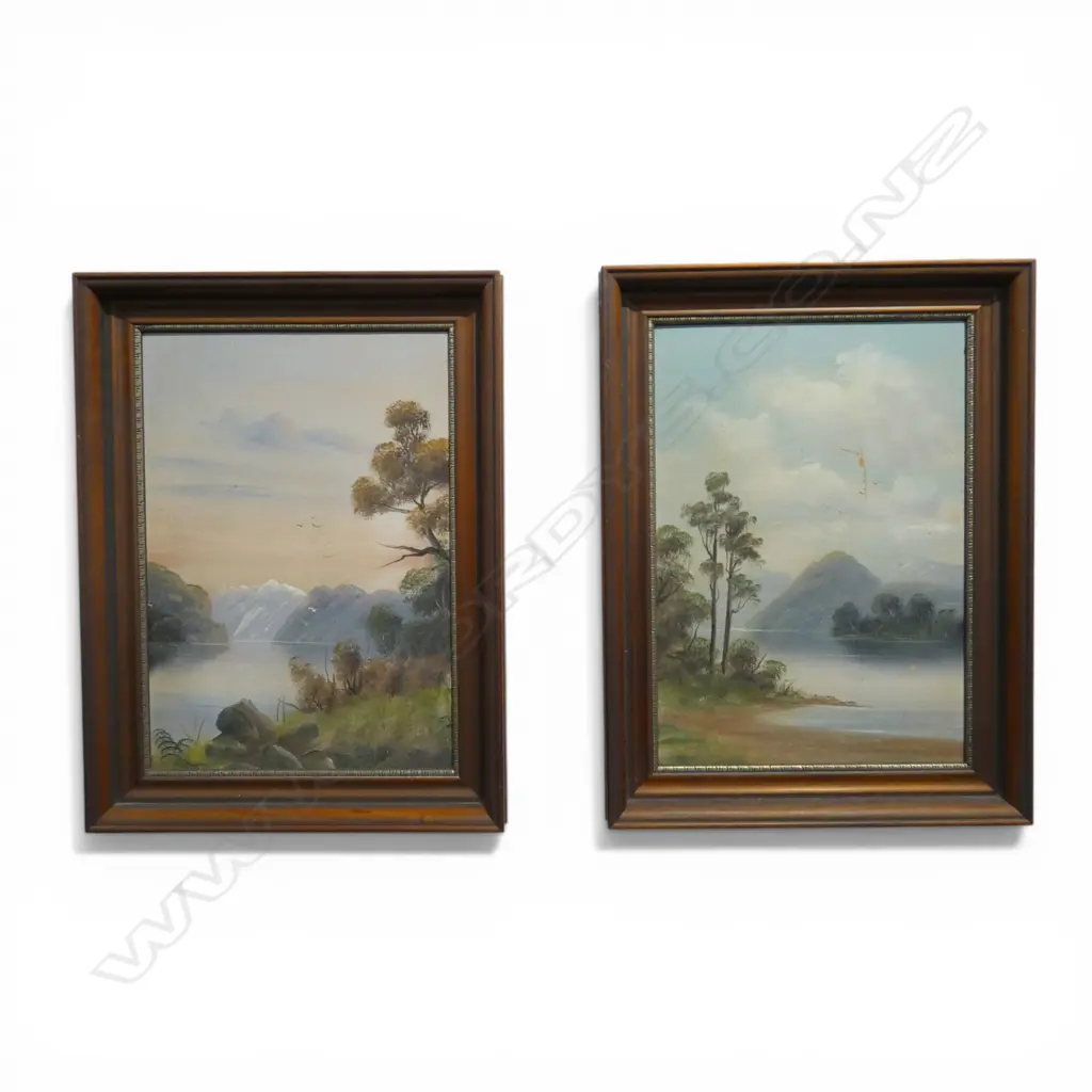 P Maxwell 2 COLONIAL LAKE SCENE OIL PAINTINGS 1 w scratch. 400 x 285mm Image 1++
