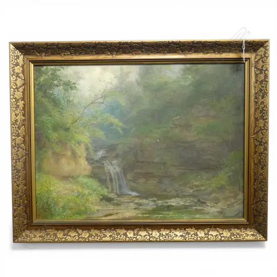 19thC ARTIST UNKNOWN BUSH SCENE WATERFALL London stamped canvas small scratch 440 x 590mm in gilt frame