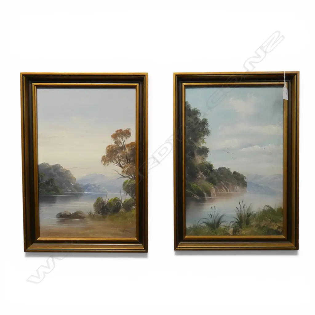 G. Lenglen 2 COLONIAL LAKE SCENE OIL PAINTINGS. 400 x 285mm Image 1++