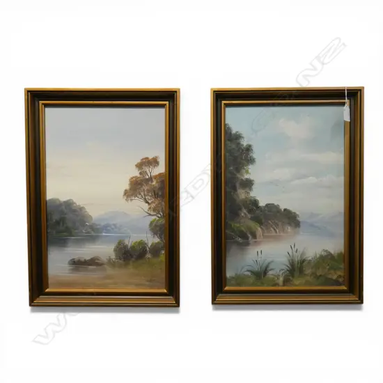 G. Lenglen 2 COLONIAL LAKE SCENE OIL PAINTINGS. 400 x 285mm