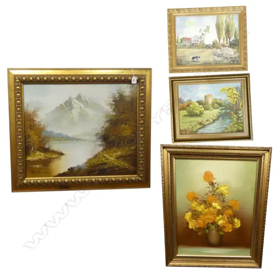 4 DECORATIVE FRAMED PAINTINGS, LANDSCAPES & STILL LIFE,