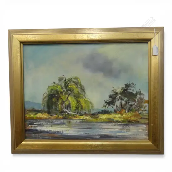 RUSSELL HOLLINGS, WAIROA RIVER (1982), OIL ON CANVAS, 345x440mm