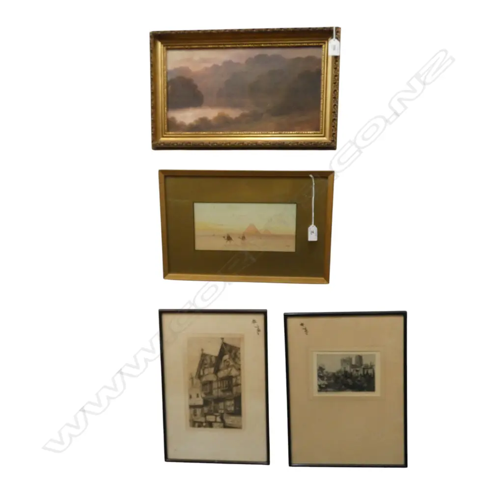 4 ARTWORKS; CHAS. YOUNG LANDSCAPE OIL 190x360mm, EGYPTIAN PYRAMIDS WC, 2 ENGLISH ETCHINGS Image 1++