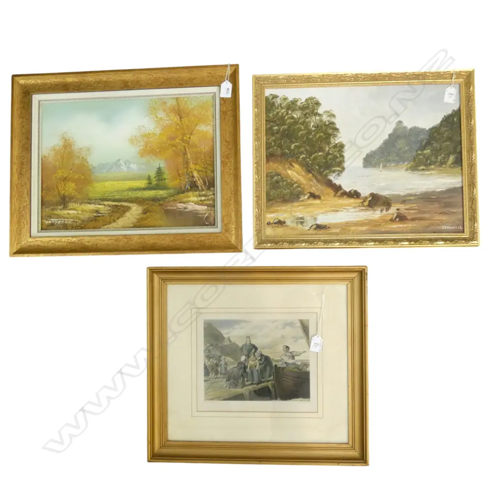 TWO FRAMED LANDSCAPES AND A 19TH C. HAND COLOURED ENGRAVING Image 1++