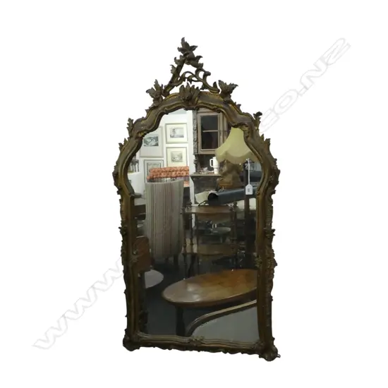 ORNATELY FRAMED MIRROR, FRENCH STYLE, pediment earlier repair, H.1230 x 650mm