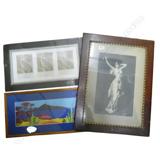 VINTAGE FRAMED PHOTOGRAPH, H.560x430mm frame damaged, UNOPENED 3 WINDOW PHOTO FRAME & NZ REPRO PRINT 'THE CRIB'