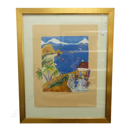 FRAMED GAUCHE AGAPANTHERS ON CLIFF SIGNED JOHANNA WARD H650 W440MM