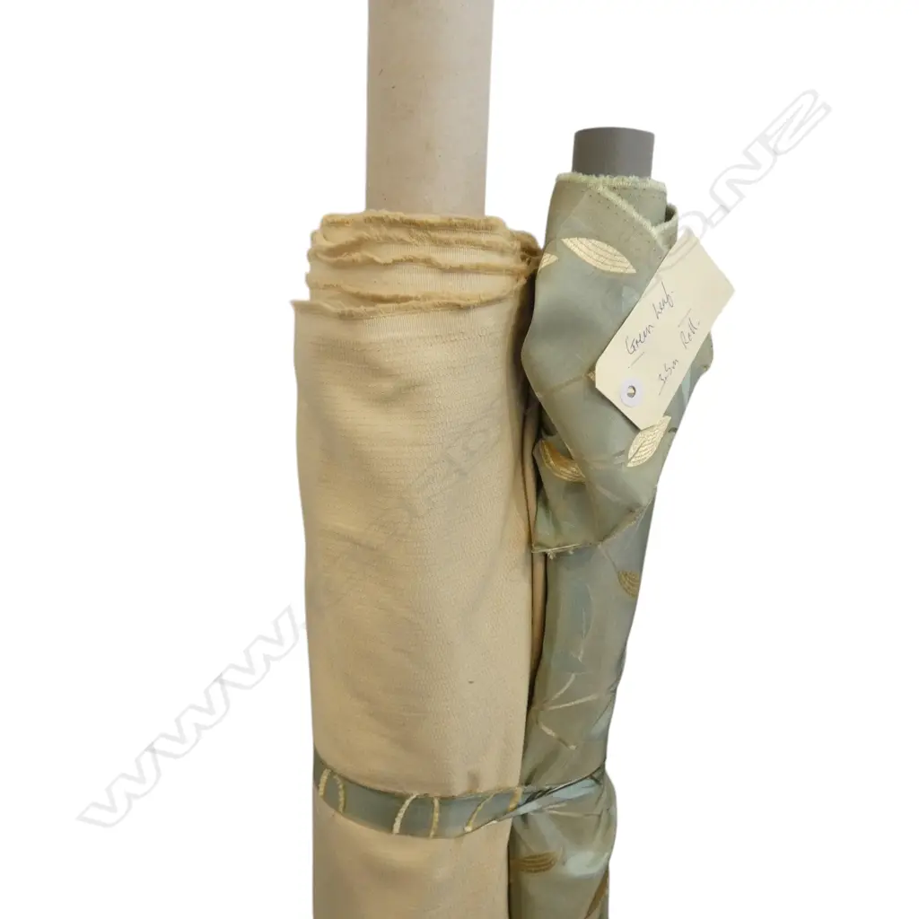 2 FABRIC BOLTS; BUTTER 15M ROLL & GREEN LEAF 3.5M ROLL Image 1++