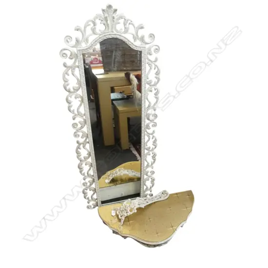 WALL MOUNTED DEMI LUNE TABLE W.665mm + MIRROR; WHITE PAINTED METAL FRAME 1240x490mm