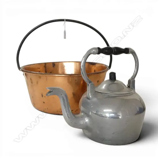LGE OLD COPPER PRESERVING PAN + ALUMINIUM KETTLE