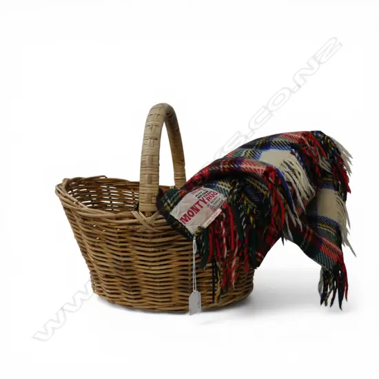 WILLOW CANE PICNIC BASKET L500MM & NZ PURE WOOL MONTY TARTAN TRAVEL RUG