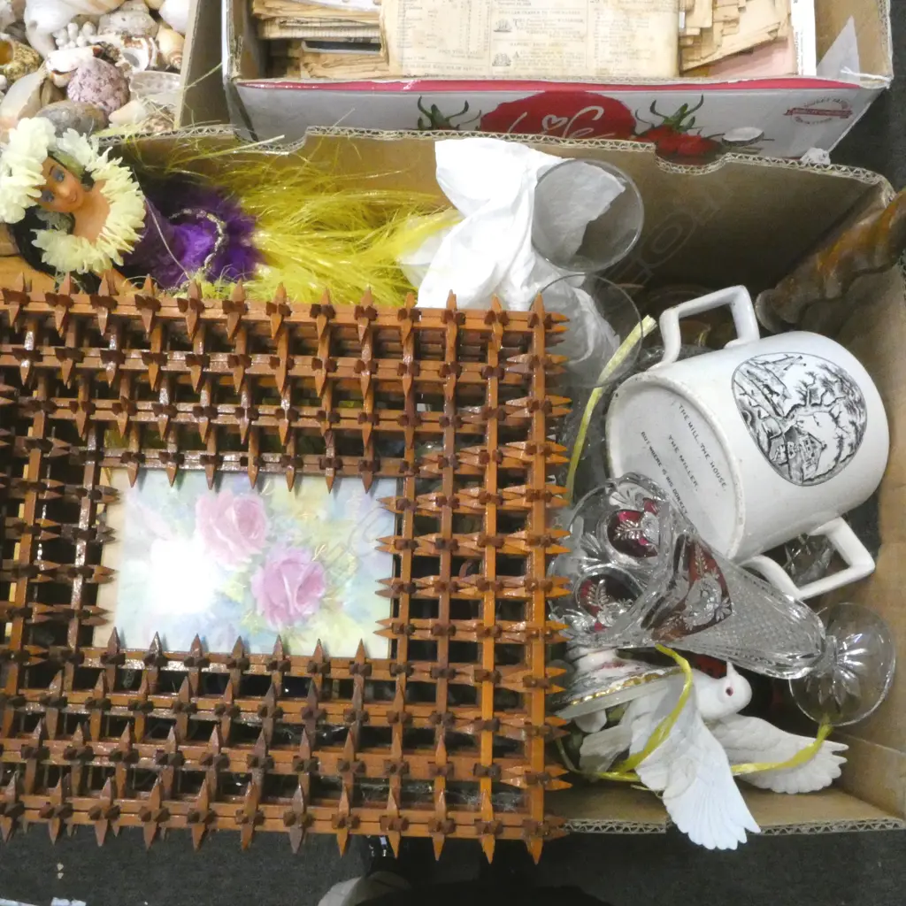 BOX OF ASST. COLLECTIBLES Incl. TRAMP ART FRAME Image 1++