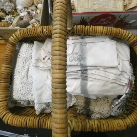 TWISTED WILLOW BASKET L560MM FULL OF VINTAGE LINEN