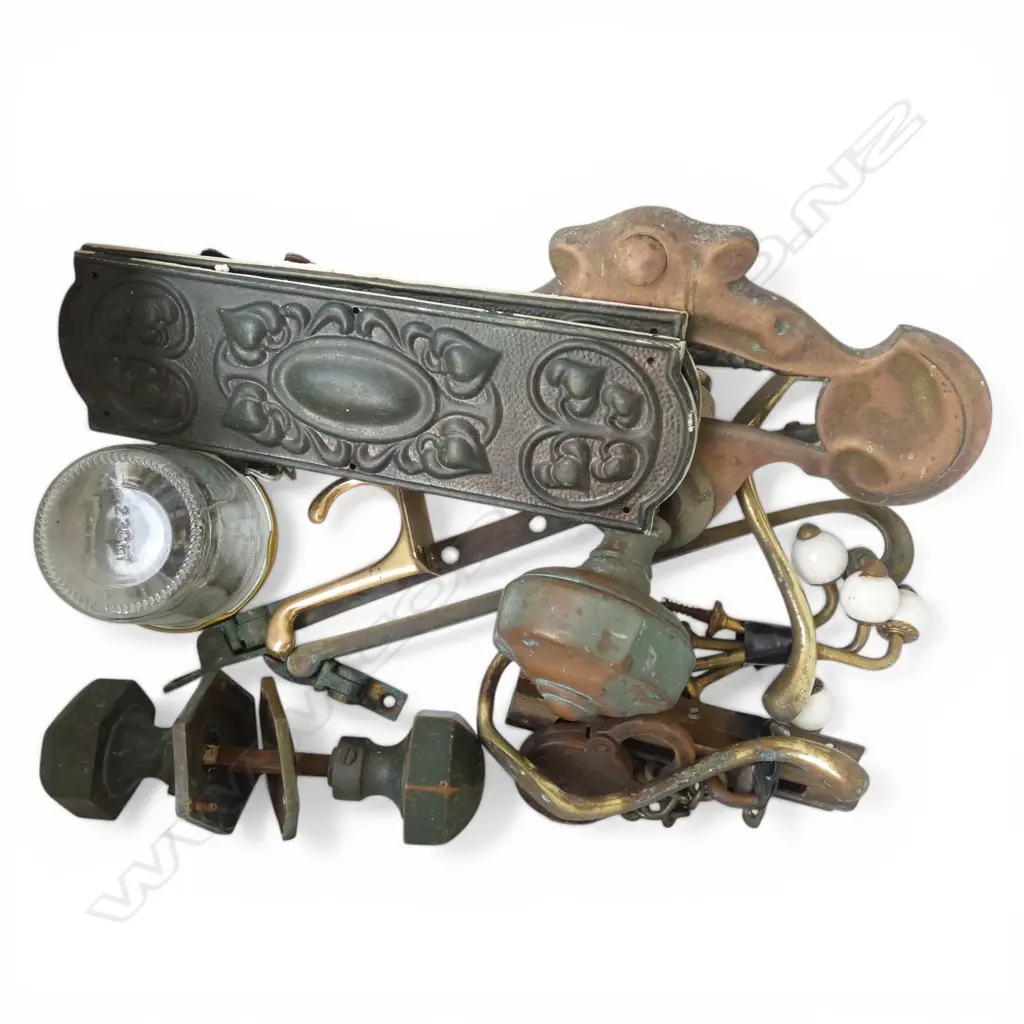 ASST. DOOR HANDLES, HOOKS, etc INCLUDING 3 ART NOUVEAU PANELS Image 1++